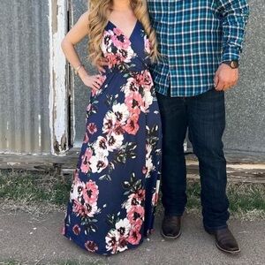 Womens V Neck Wrap Spaghetti Strap Summer Casual Beach Floral Pockets Maxi Dress